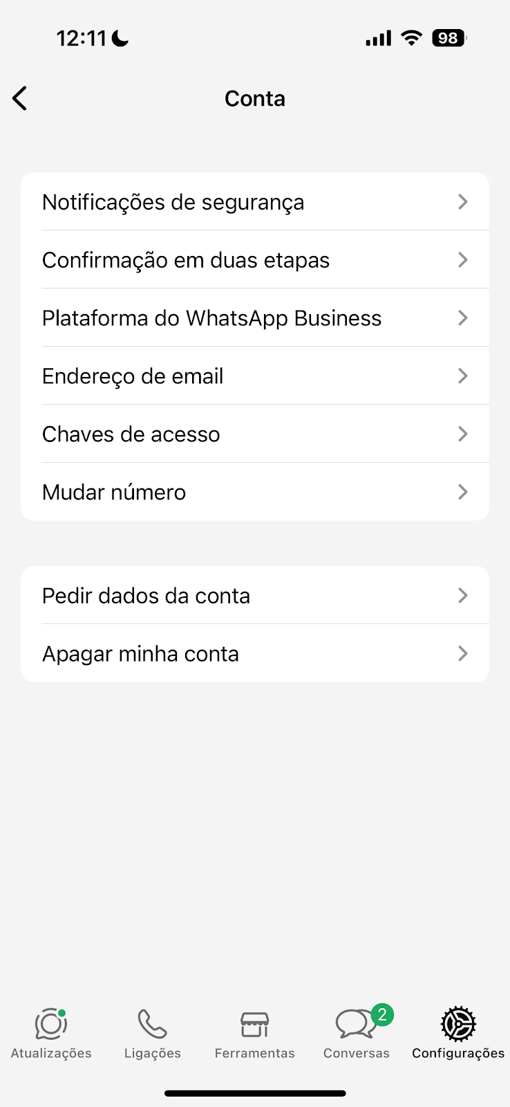 Menu Conta