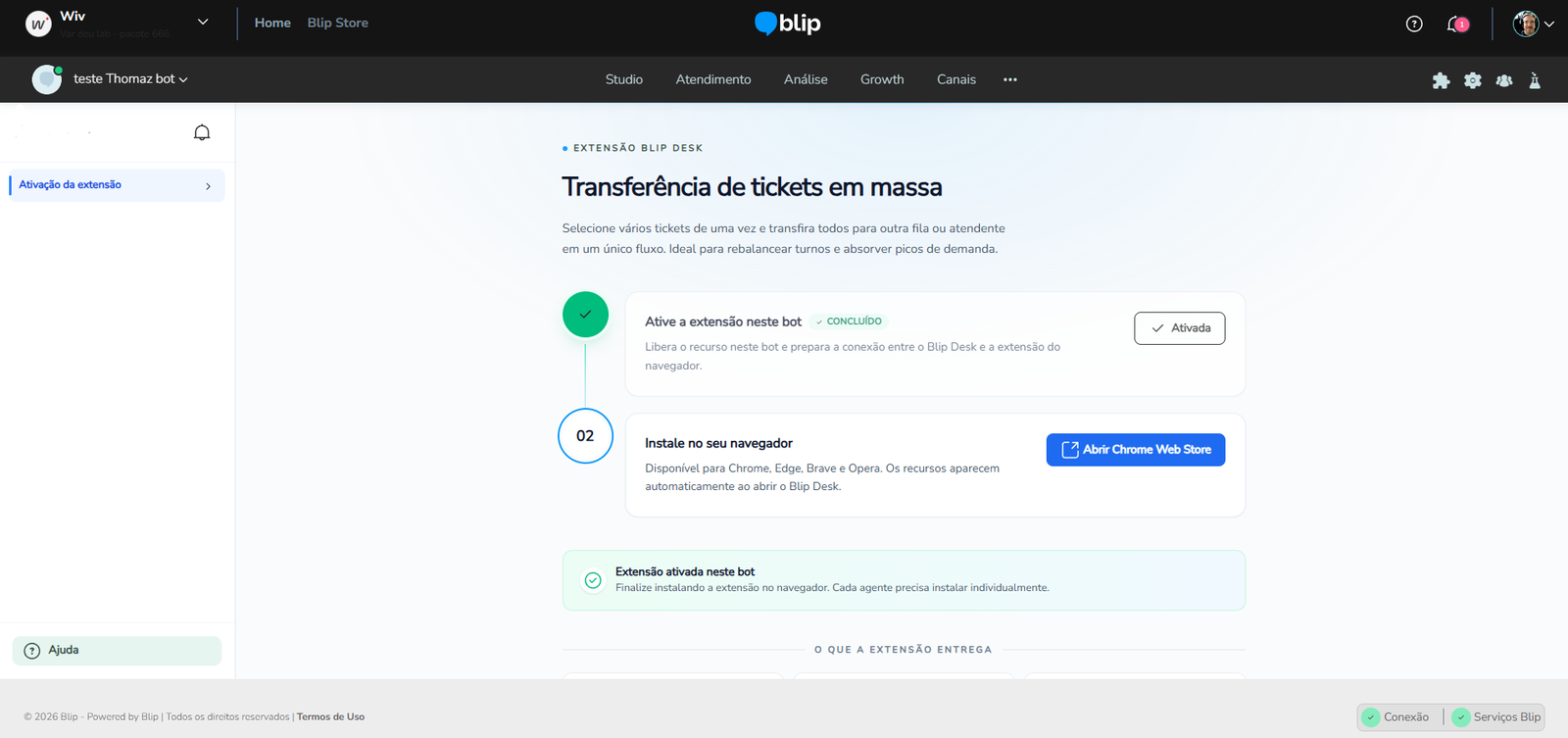 Página da extensão na Blip Store com a opção de instalação no navegador em destaque