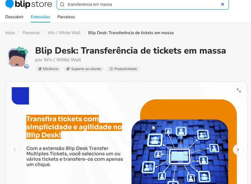 Página da extensão Transferência de tickets em massa na Blip Store com o botão Ativar plugin