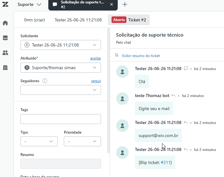 Detalhe do ticket no Zendesk com assunto, grupo e tags aplicados