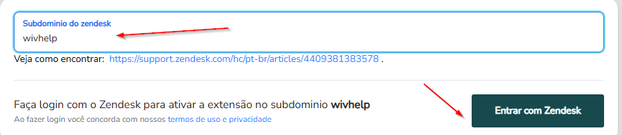 Tela de configuração da extensão com o campo de subdomínio e o botão Entrar com Zendesk