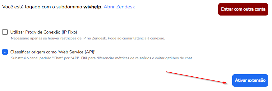 Tela de configuração da extensão Zendesk com o botão Ativar extensão em destaque