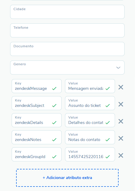 Bloco anterior ao atendimento humano com os campos do Zendesk definidos no Builder