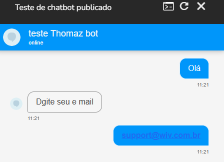 Conversa de teste sendo encaminhada para o atendimento humano