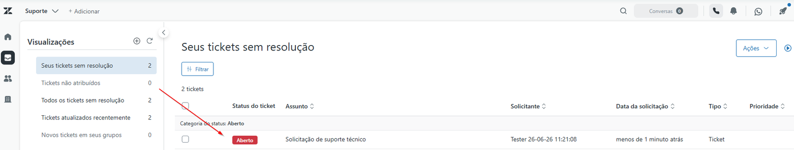 Ticket criado no Zendesk com o histórico da conversa importado