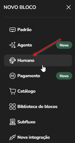 Bloco de atendimento humano selecionado no fluxo do Builder