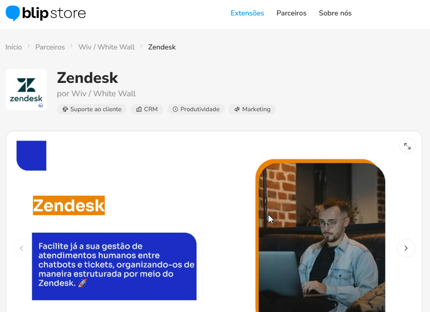 Resultado da busca por Zendesk na Blip Store, com a extensão listada