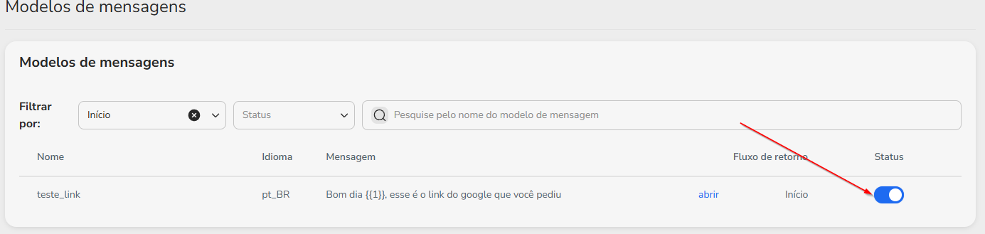 Alteração do status de um modelo de mensagem para habilitá-lo aos atendentes