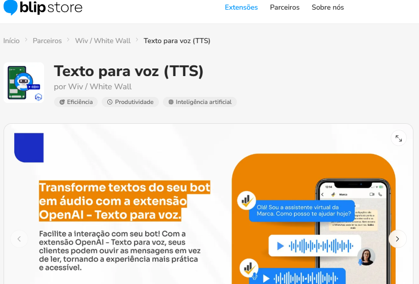Busca por Texto para voz (TTS) na Blip Store
