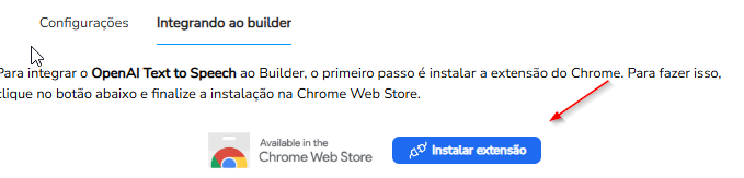 Aba Integrando ao builder com o botão Instalar extensão em destaque