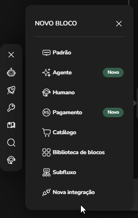 Menu de adicionar bloco no Builder com a opção Nova integração