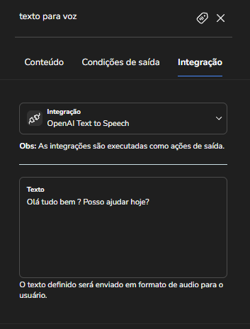 Campo Texto do bloco de integração preenchido com o conteúdo que será convertido em áudio