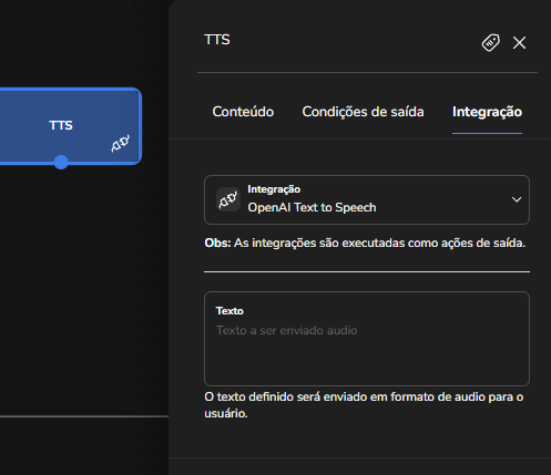 Aba Integração do bloco com a opção OpenAI Text to Speech selecionada