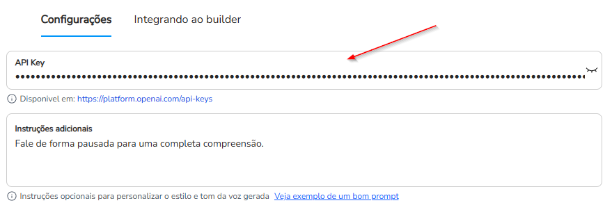 Campo API Key preenchido com a chave da OpenAI e o botão Salvar na tela de configuração da extensão
