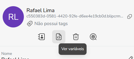Painel de variáveis de contexto do contato aberto pelo botão Ver variáveis
