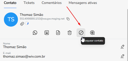 Botão Bloquear contato na barra de ações do contato