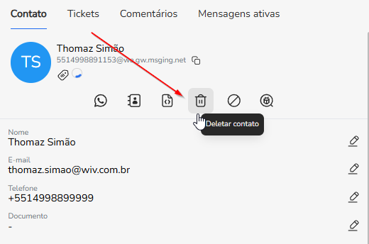 Botão Deletar contato na barra de ações do contato