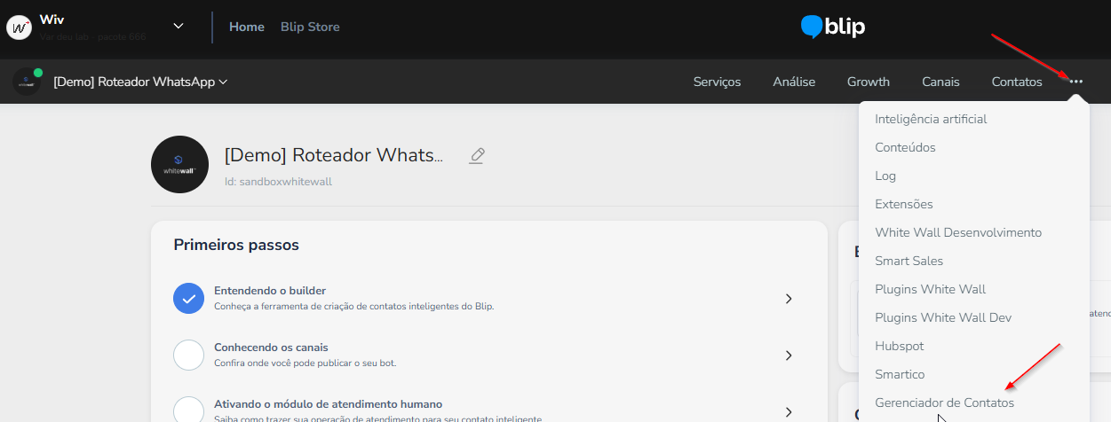 Gerenciador de contatos aberto na aba Contatos, acessado pelo menu de extensões do bot