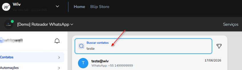Busca de contato por nome no campo Buscar contatos