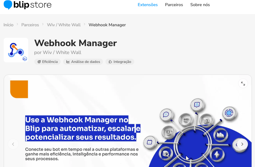 Página da extensão Webhook Manager na Blip Store