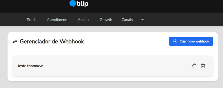 Tela de configuração de um novo webhook, com os campos de tipo de envio, URL, método, cabeçalho e corpo