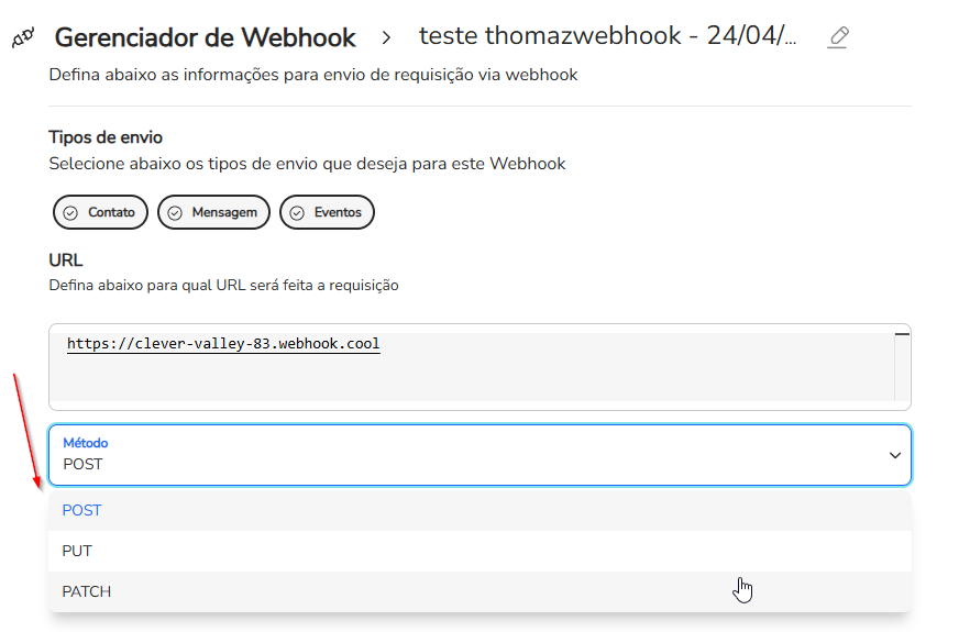 Campo Método com as opções POST, PUT e PATCH