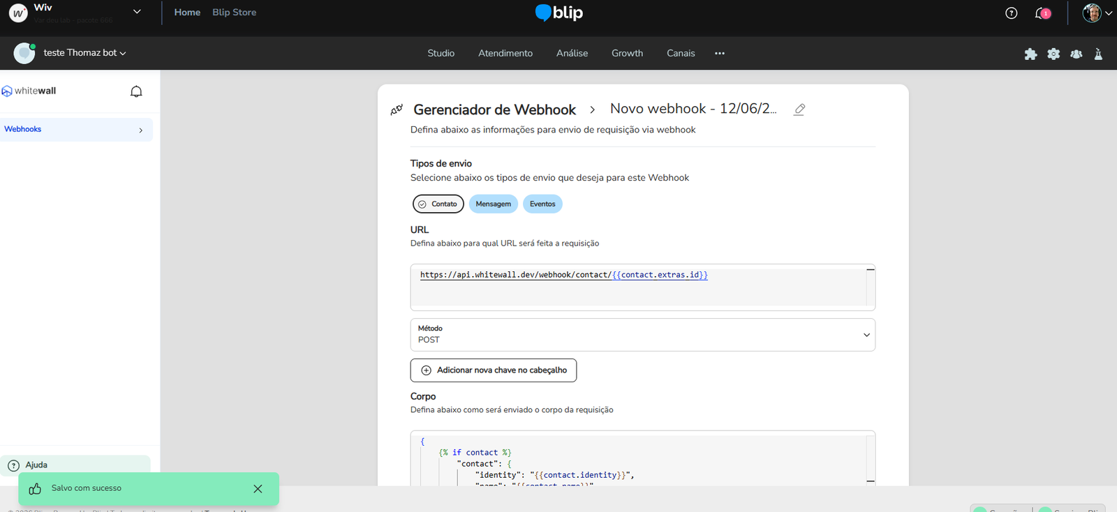 Campo Corpo da requisição preenchido e o botão Salvar webhook