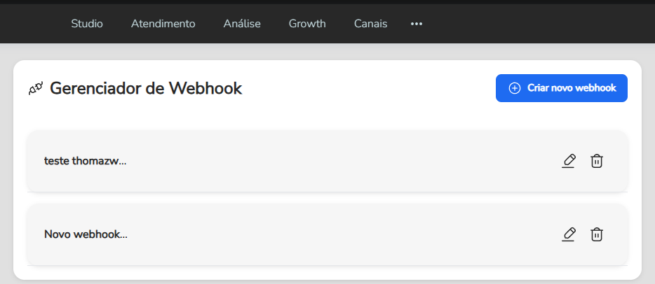 Lista de webhooks cadastrados, com as opções de editar e excluir