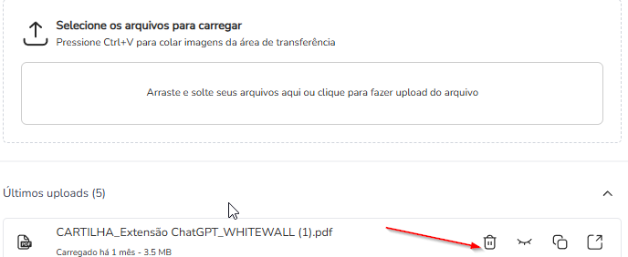 Ação Excluir de um arquivo na seção Últimos uploads da extensão File Uploader