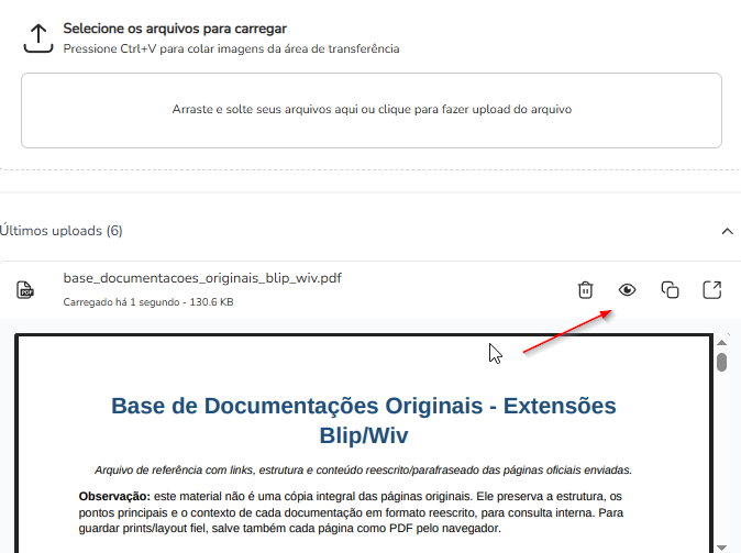 Prévia de um arquivo aberta dentro da extensão File Uploader