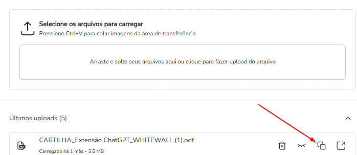 Arquivo enviado na seção Últimos uploads com o botão Copiar URL em destaque