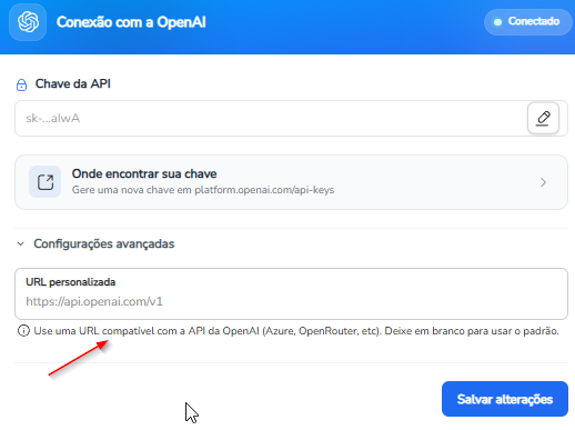 Campo URL personalizada em Configurações avançadas da conexão