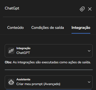 Lista de assistentes disponíveis no campo Assistente do bloco de integração