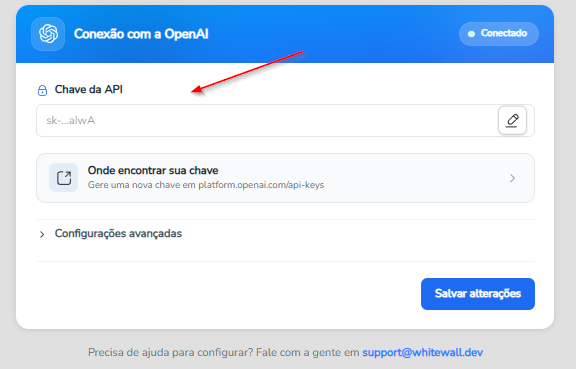 Campo Chave da API preenchido com o status Conectado