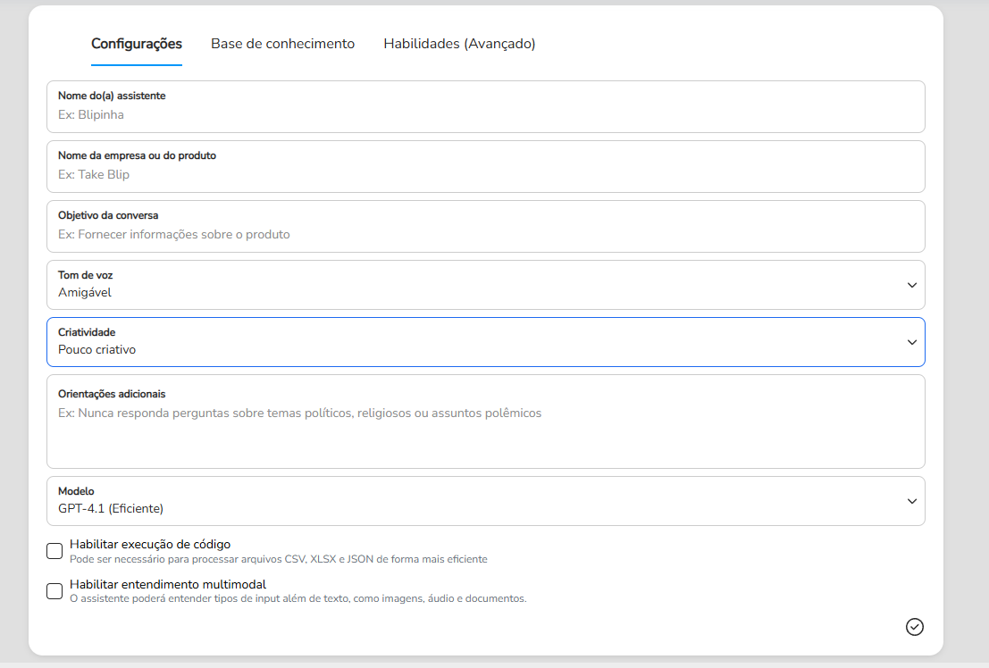 Aba Configurações do assistente com nome, tom de voz, criatividade e modelo