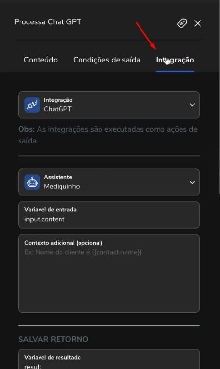 Bloco de processamento do ChatGPT selecionado no Builder
