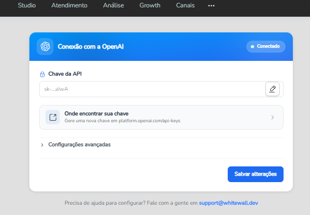 Painel Conexão com a OpenAI na tela de Configurações da extensão