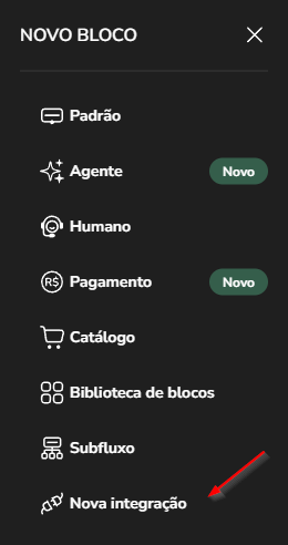 Aba Integração de um novo bloco no Builder do Blip