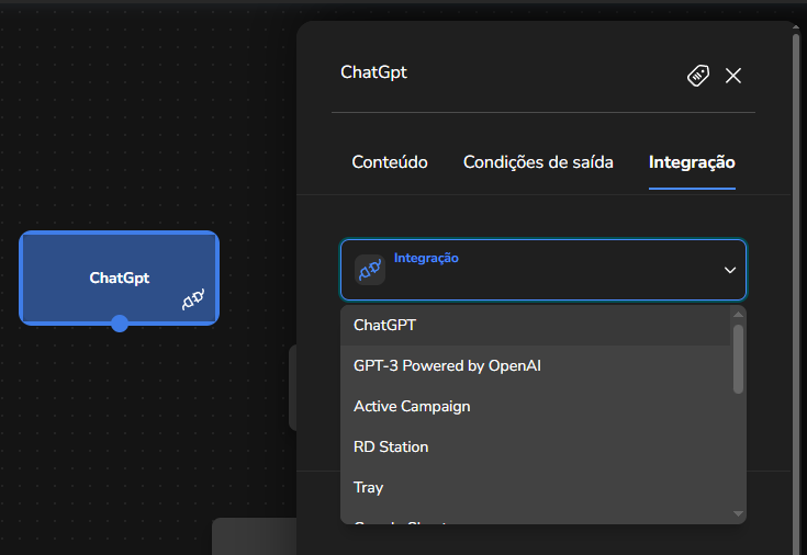 Seleção do tipo de integração ChatGPT no bloco do Builder