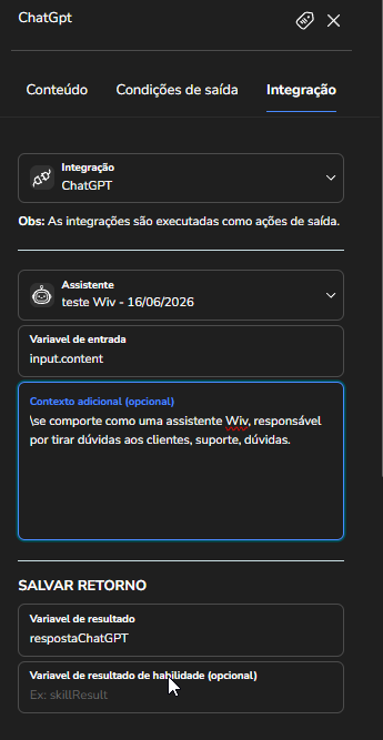 Campo Contexto adicional para enviar dados extras ao assistente