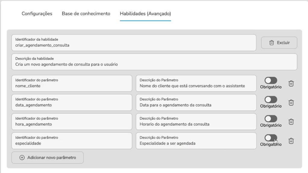 Parâmetro marcado como Obrigatório na configuração da habilidade