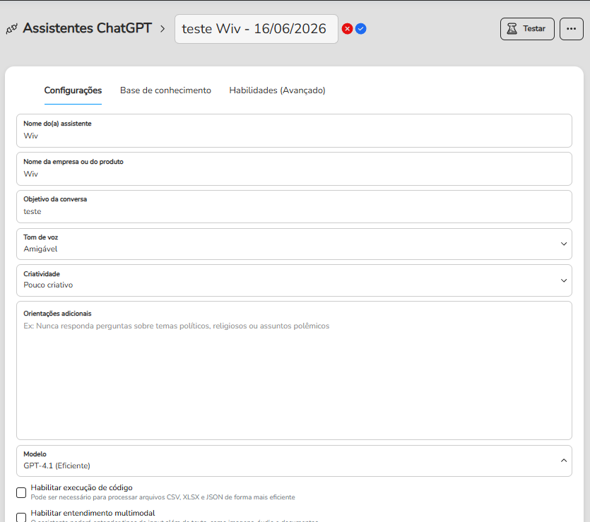 Tela de configuração de um novo assistente recém-criado