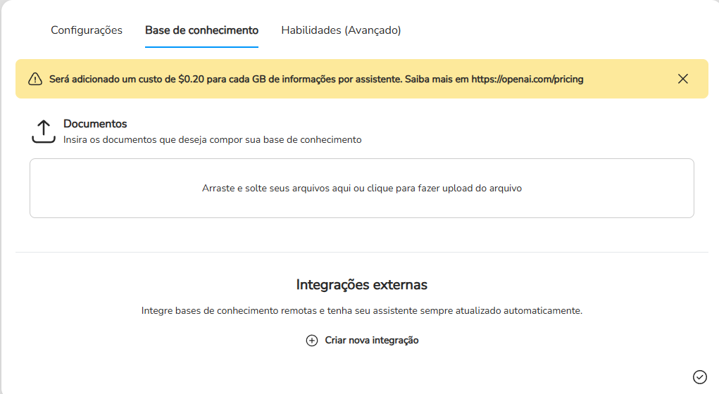 Aba Base de conhecimento com o campo Documentos para upload de arquivos
