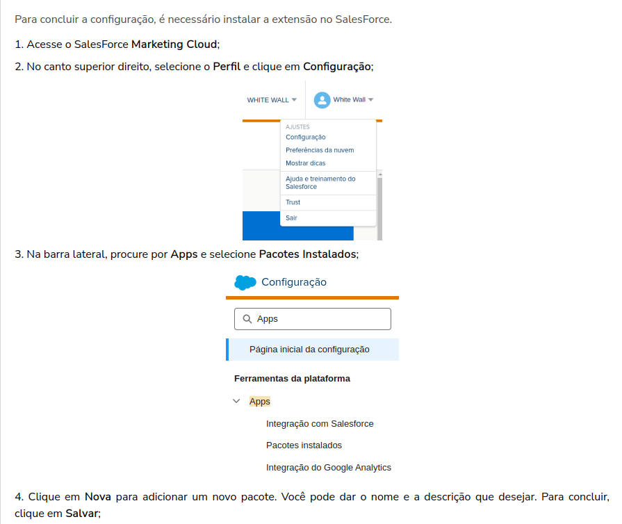 Menu do Perfil no canto superior direito do Salesforce Marketing Cloud, com a opção Configuração em destaque