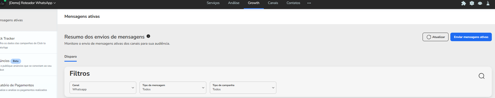 Detalhe de um disparo na área Growth mostrando data, telefone, template e o status de cada mensagem