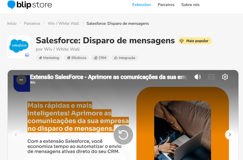 Extensão Salesforce: Disparo de mensagens ativas instalada na lista de extensões do Roteador na Blip
