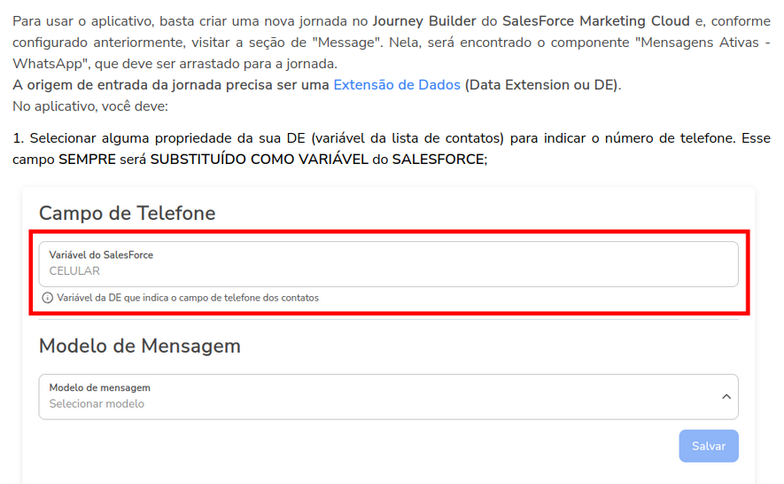 Campo de Telefone da atividade com o nome da coluna da Data Extension informado como variável do Salesforce