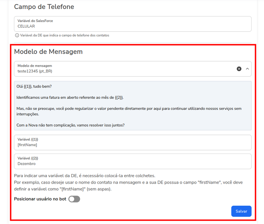 Seleção de um template de WhatsApp aprovado no campo Modelo de Mensagem, com o corpo do template carregado