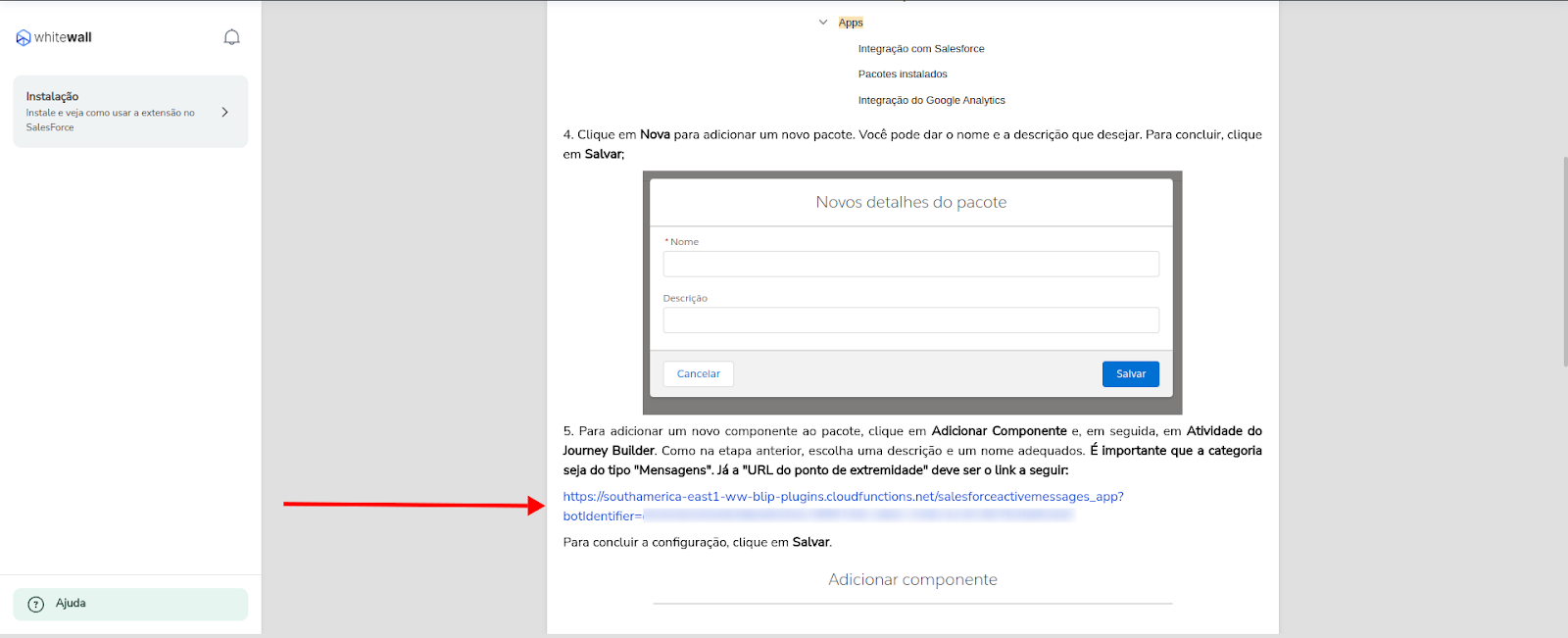 Página de configuração da extensão exibindo a URL do ponto de extremidade a ser copiada