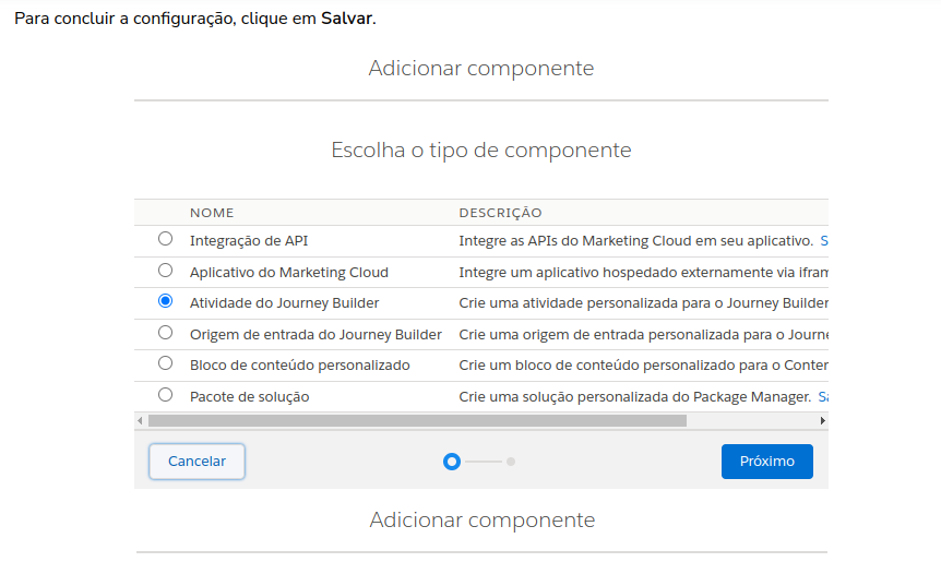 Seleção do componente Atividade do Journey Builder ao adicionar um componente ao pacote
